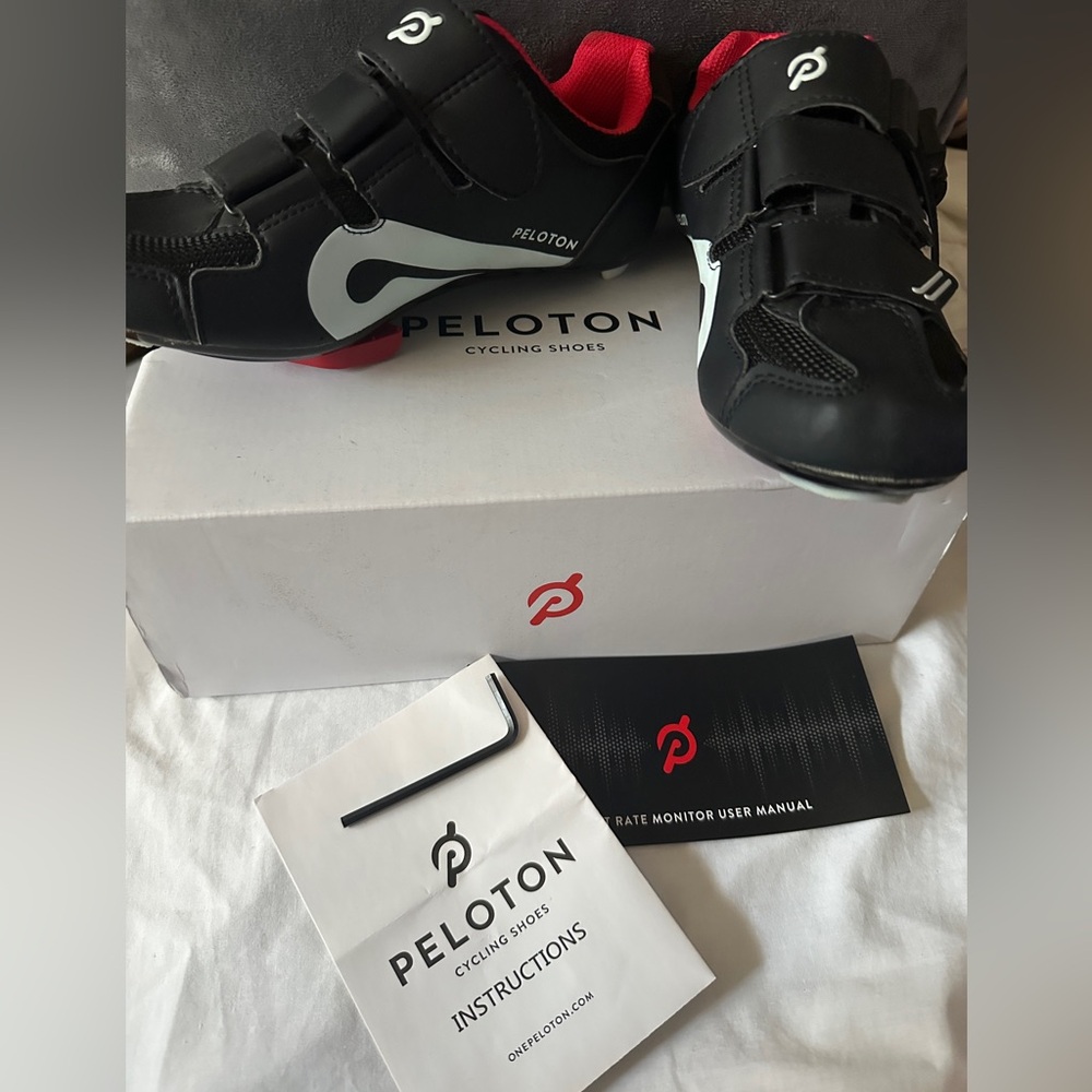 Peloton Black Cycling Shoes with Red and white  Accents